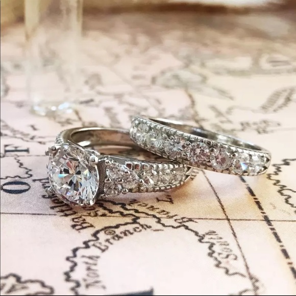 New 2pc set 925 Silver Diamond Engagement Ring - Picture 5 of 5